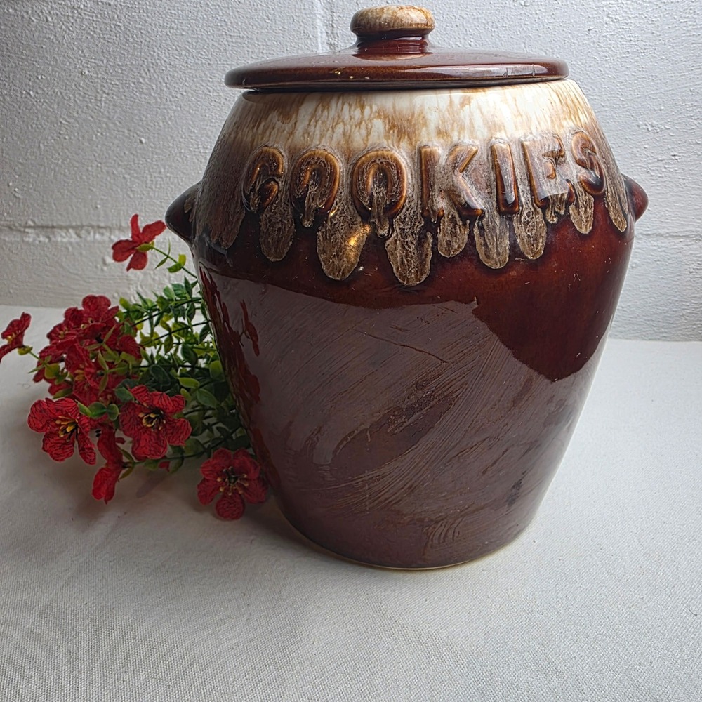 Vintage 60s Kathy Kale Brown Drip Glaze Cookie Jar Stoneware Canister Lid MCM